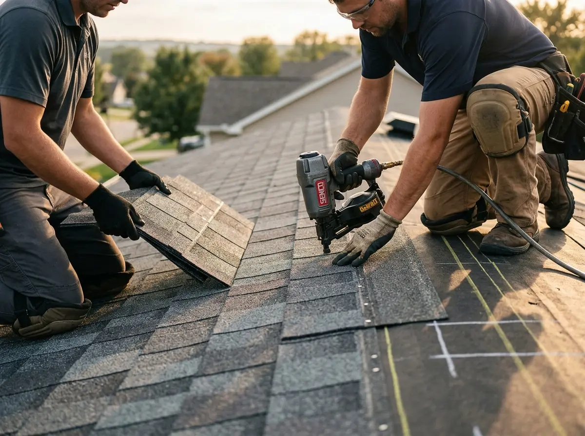 Professional roofer working on a residential roof in Hazlet